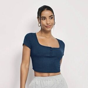 Shein EZwear Womens S Crop Tee Navy Blue Button Front Square Neck Slim Fit